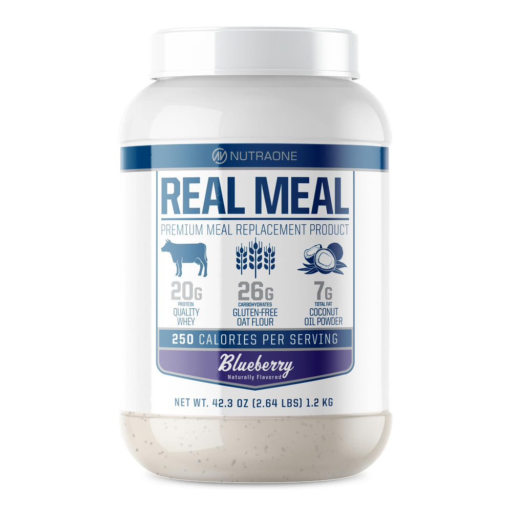 NutraOne Real Meal blueberry tub front, a convenient meal replacement