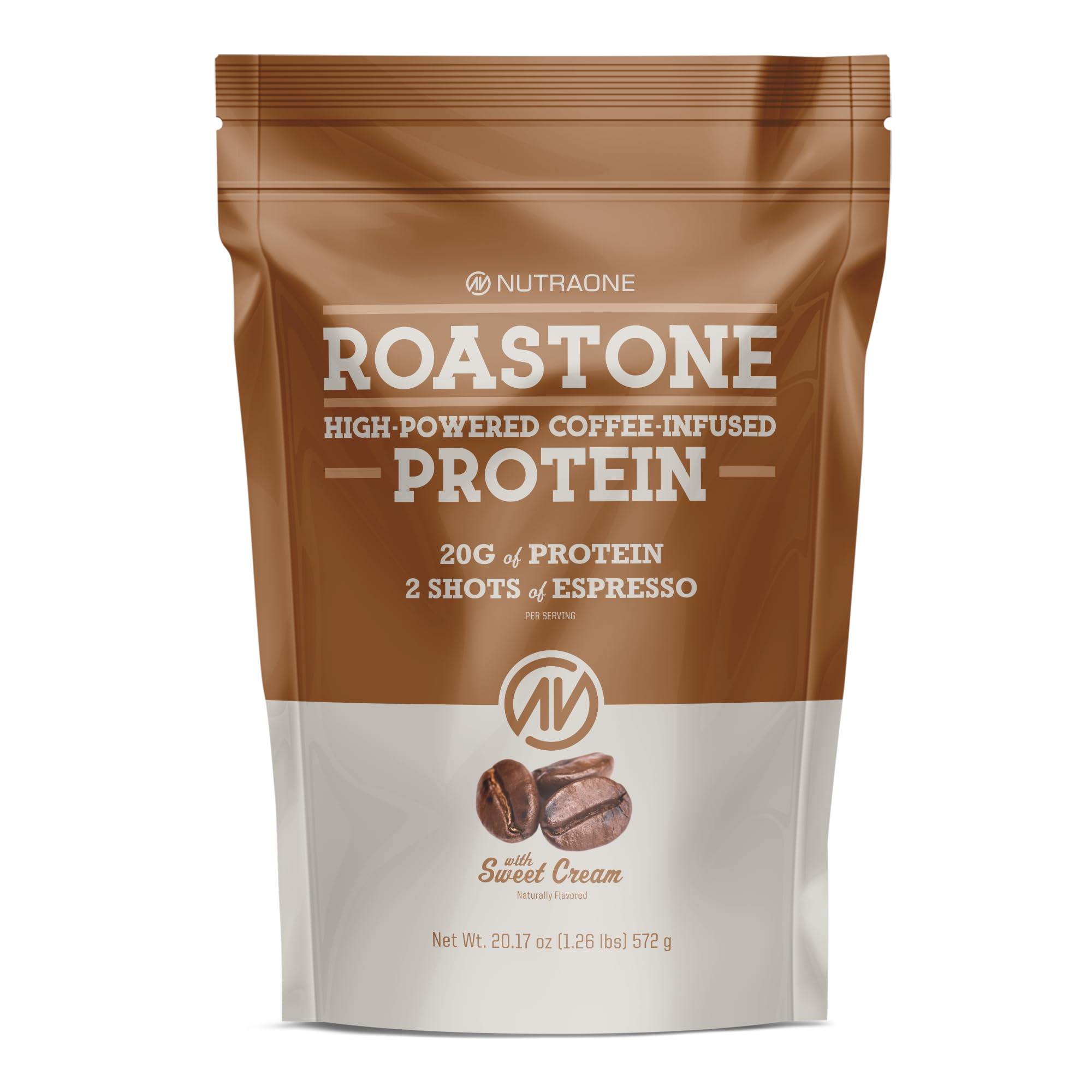 NutraOne RoastOne canister with scoop for a convenient morning energy boost.