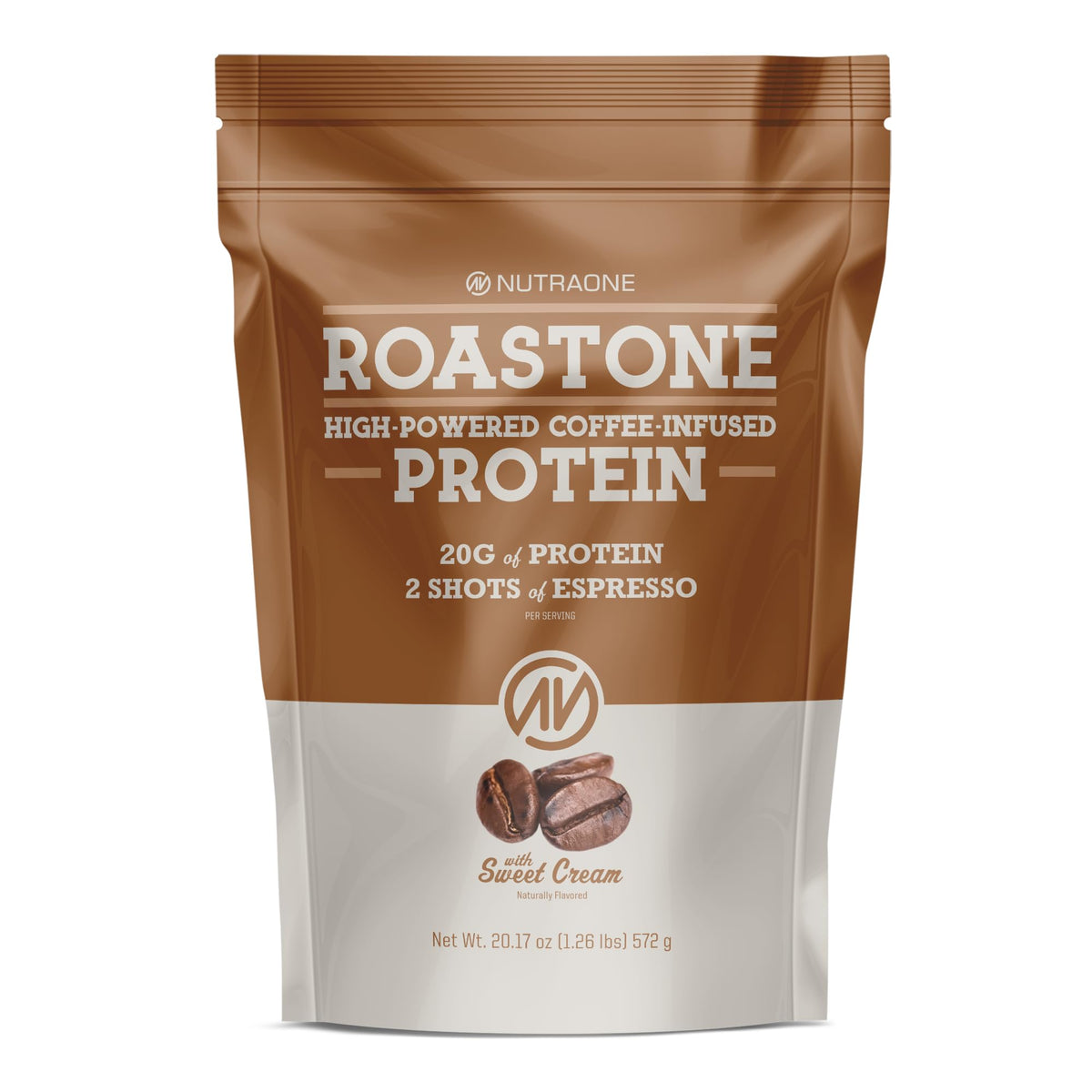 NutraOne RoastOne canister with scoop for a convenient morning energy boost.