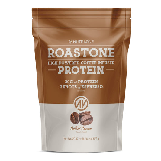 NutraOne RoastOne canister with scoop for a convenient morning energy boost.