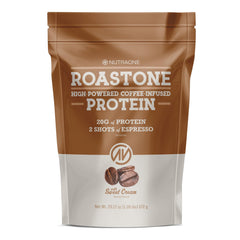 NutraOne RoastOne canister with scoop for a convenient morning energy boost.