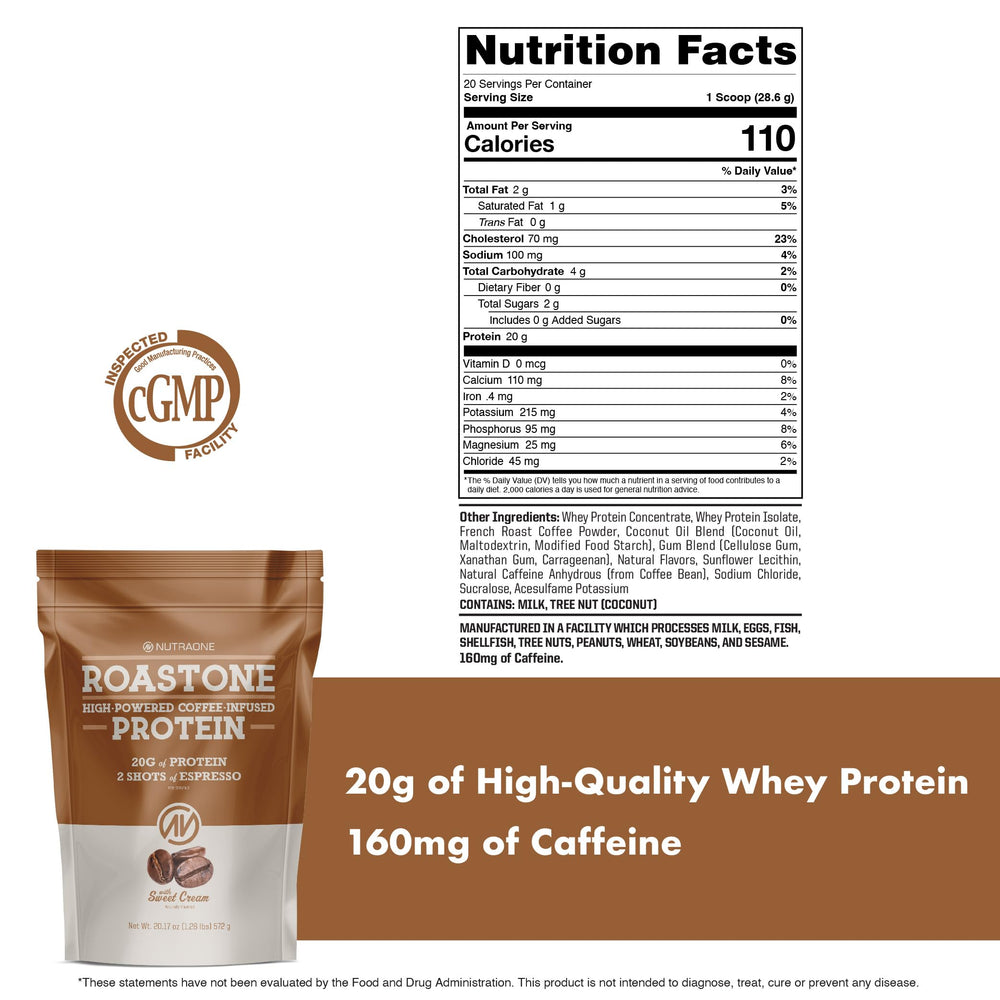 NutraOne RoastOne with coffee beans highlighting coffee-infused protein for workouts.