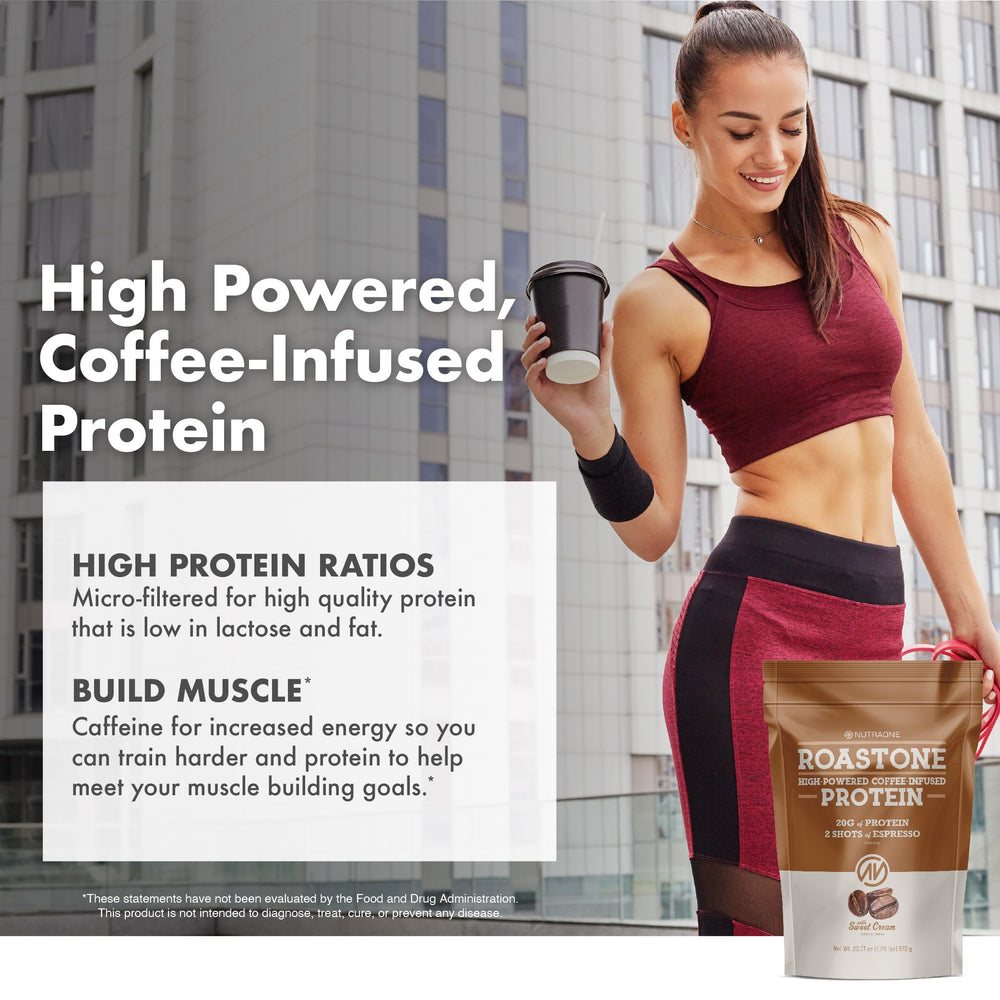 NutraOne RoastOne mug ready for on-the-go protein coffee.