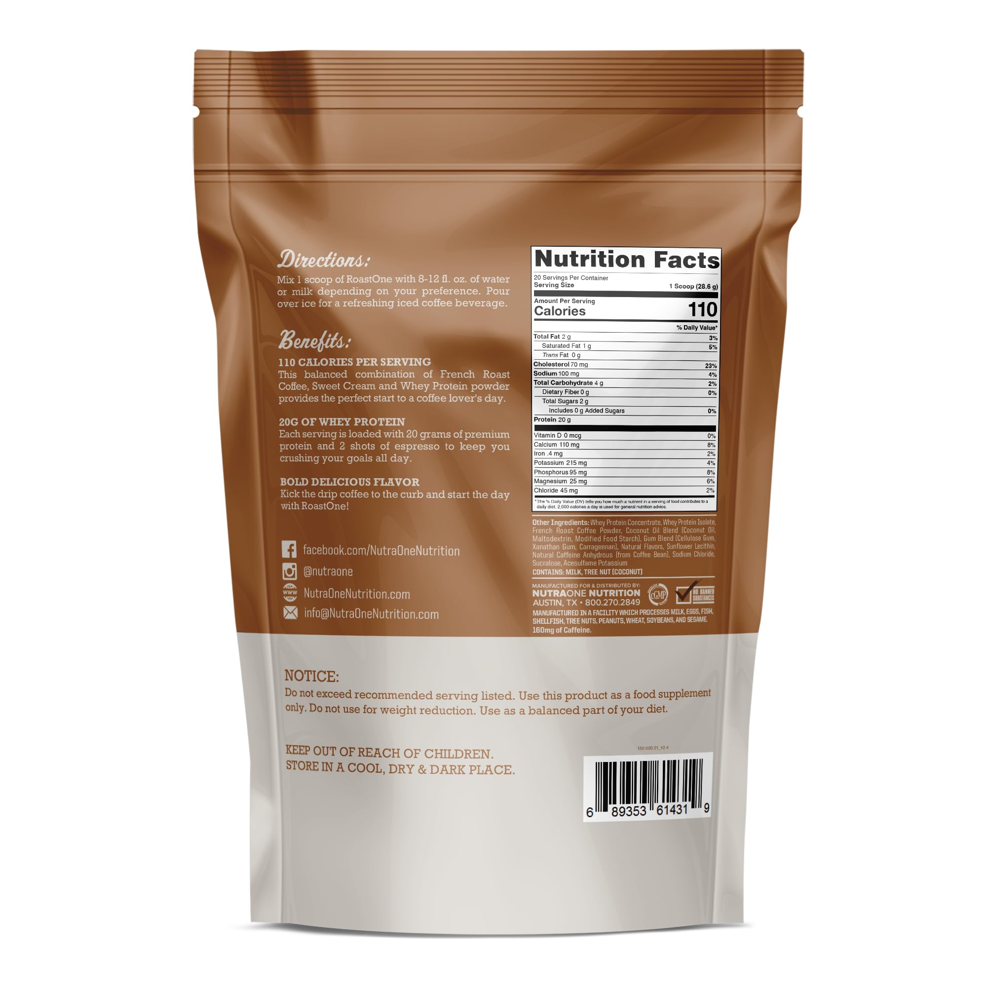 NutraOne RoastOne scoop beside powder highlighting 20g protein per serving.