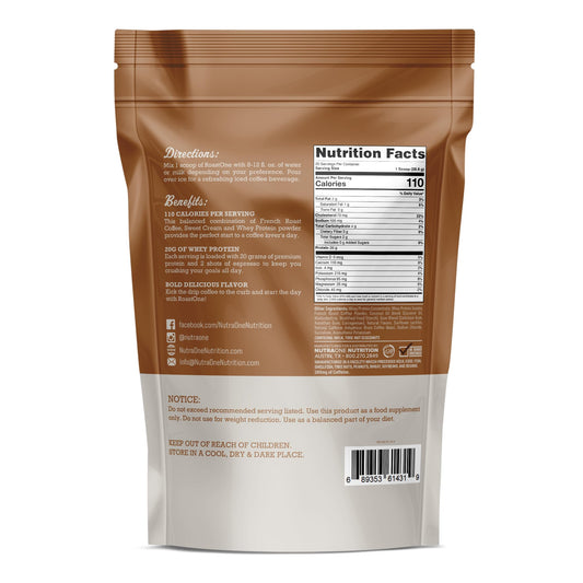 NutraOne RoastOne scoop beside powder highlighting 20g protein per serving.