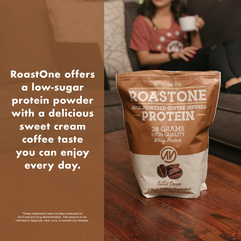 NutraOne RoastOne shake with frothy top resembling a latte.
