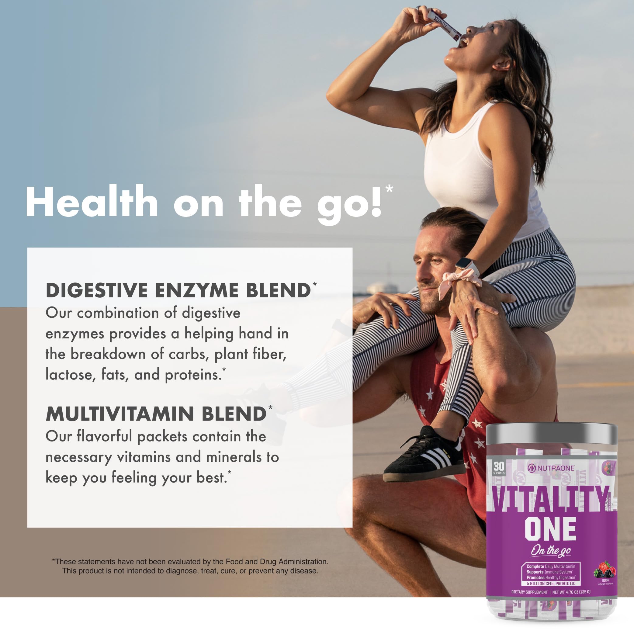NutraOne VitalityOne packets mixed with water for a quick drink.