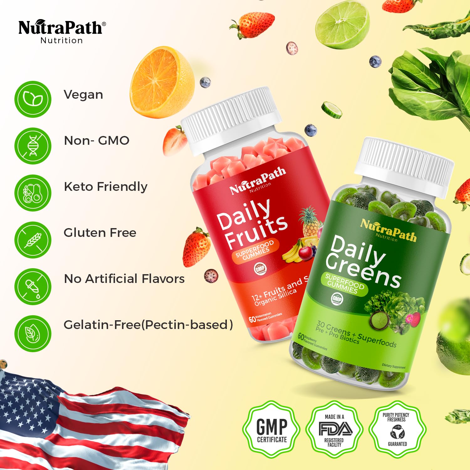 NutraPath gummies close-up with vibrant fruit and veggie blend for energy.