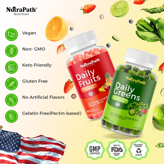 NutraPath gummies close-up with vibrant fruit and veggie blend for energy.