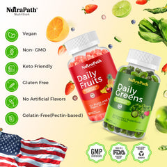 NutraPath gummies close-up with vibrant fruit and veggie blend for energy.