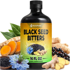 NutraPeaks Black Seed Oil Bitters bottle showing premium wellness blend