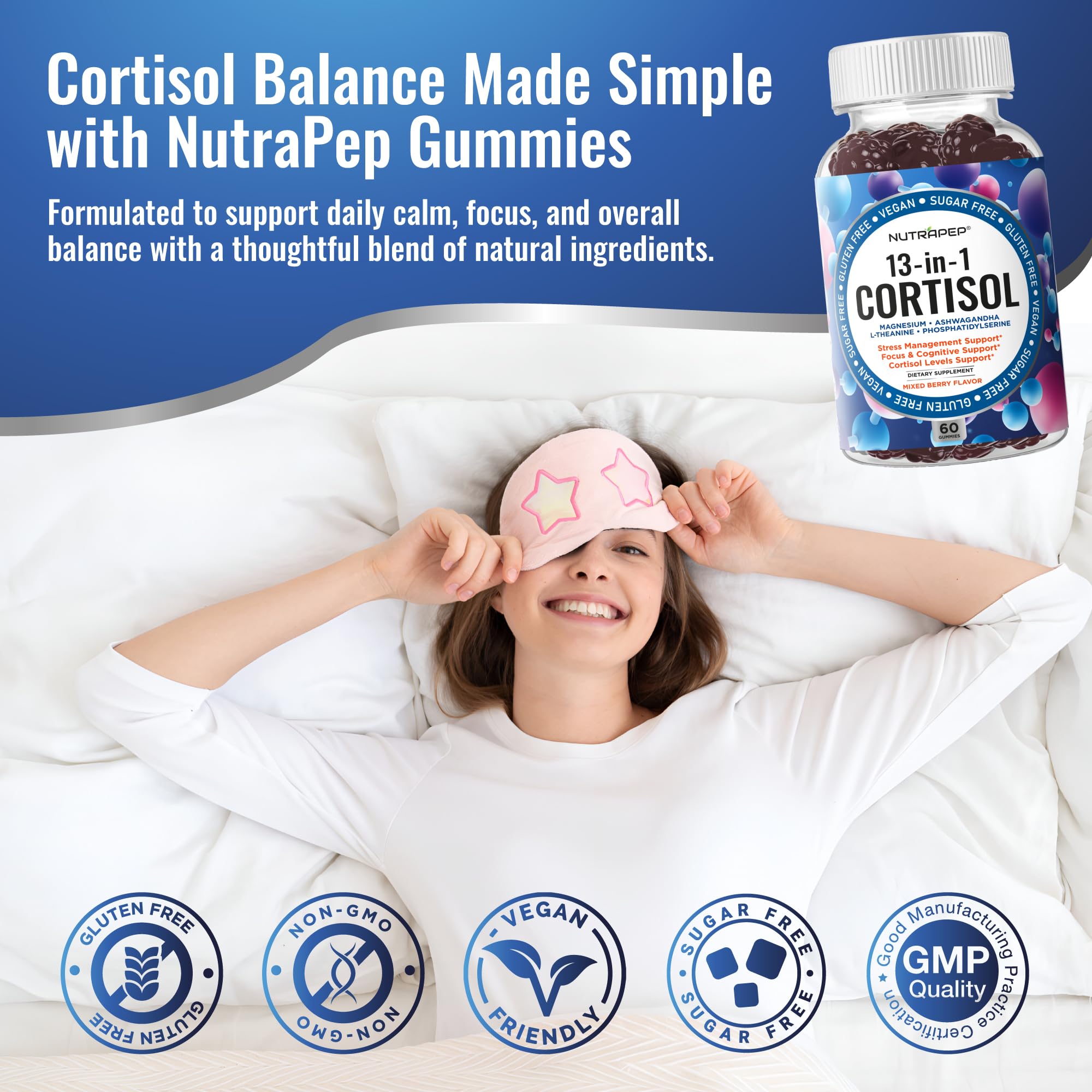 NutraPep Cortisol Gummies bottle back highlights 60 gummies and 2 pack.