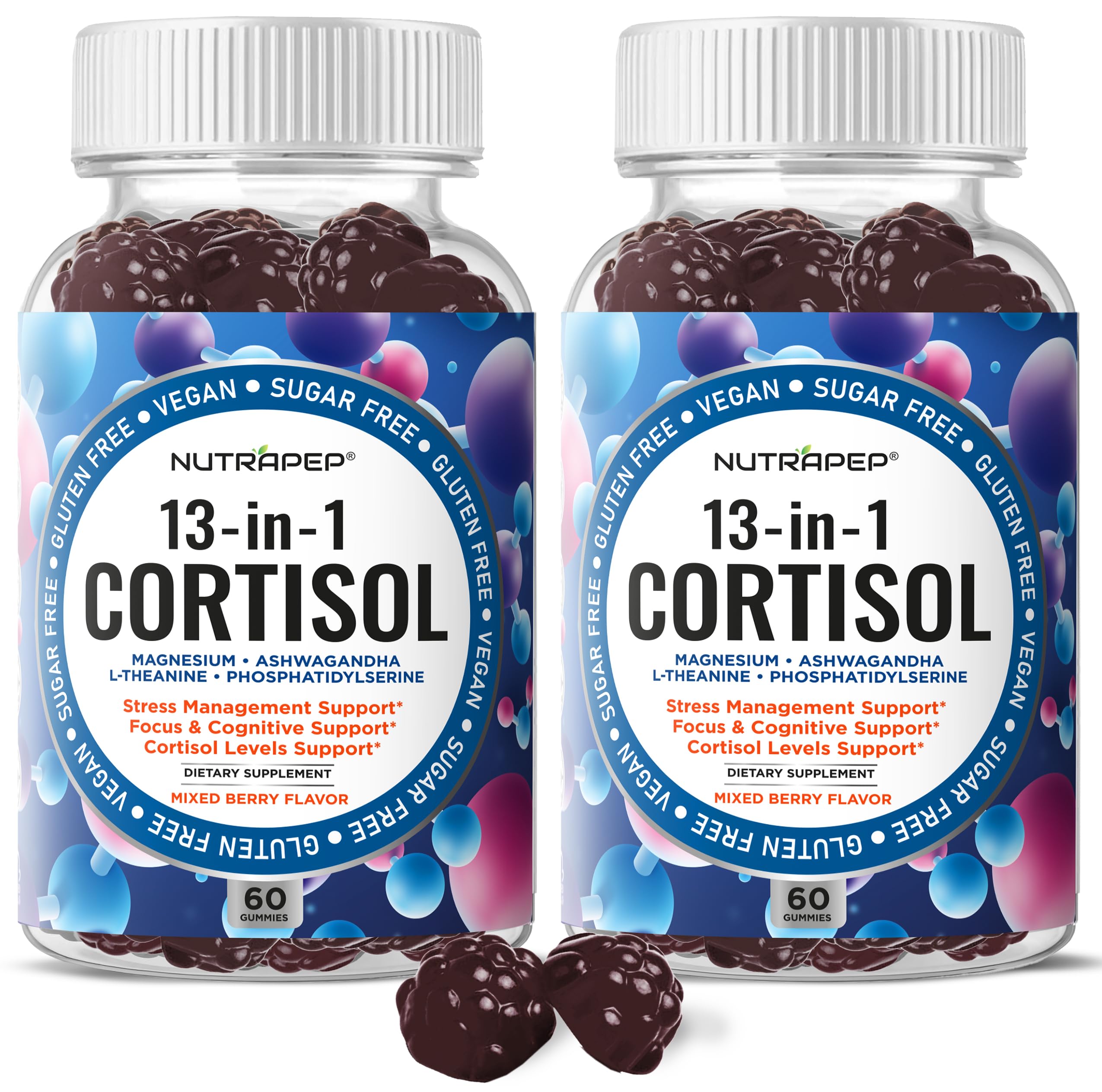 NutraPep Cortisol Gummies bottle front for daily balance and berry flavor.