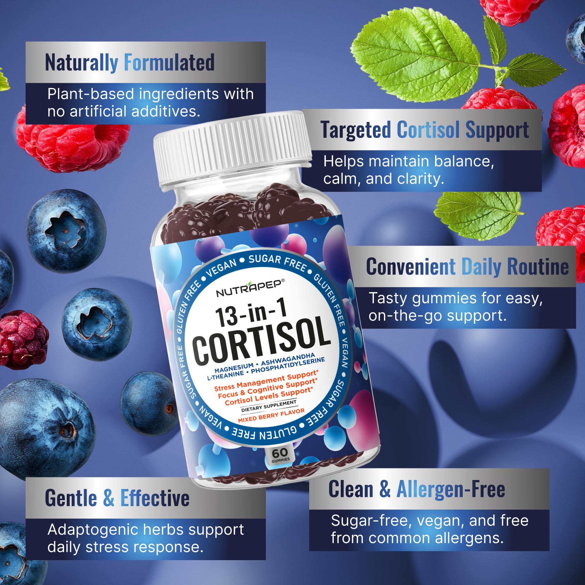 NutraPep Cortisol Gummies texture close up shows soft vegan bites.