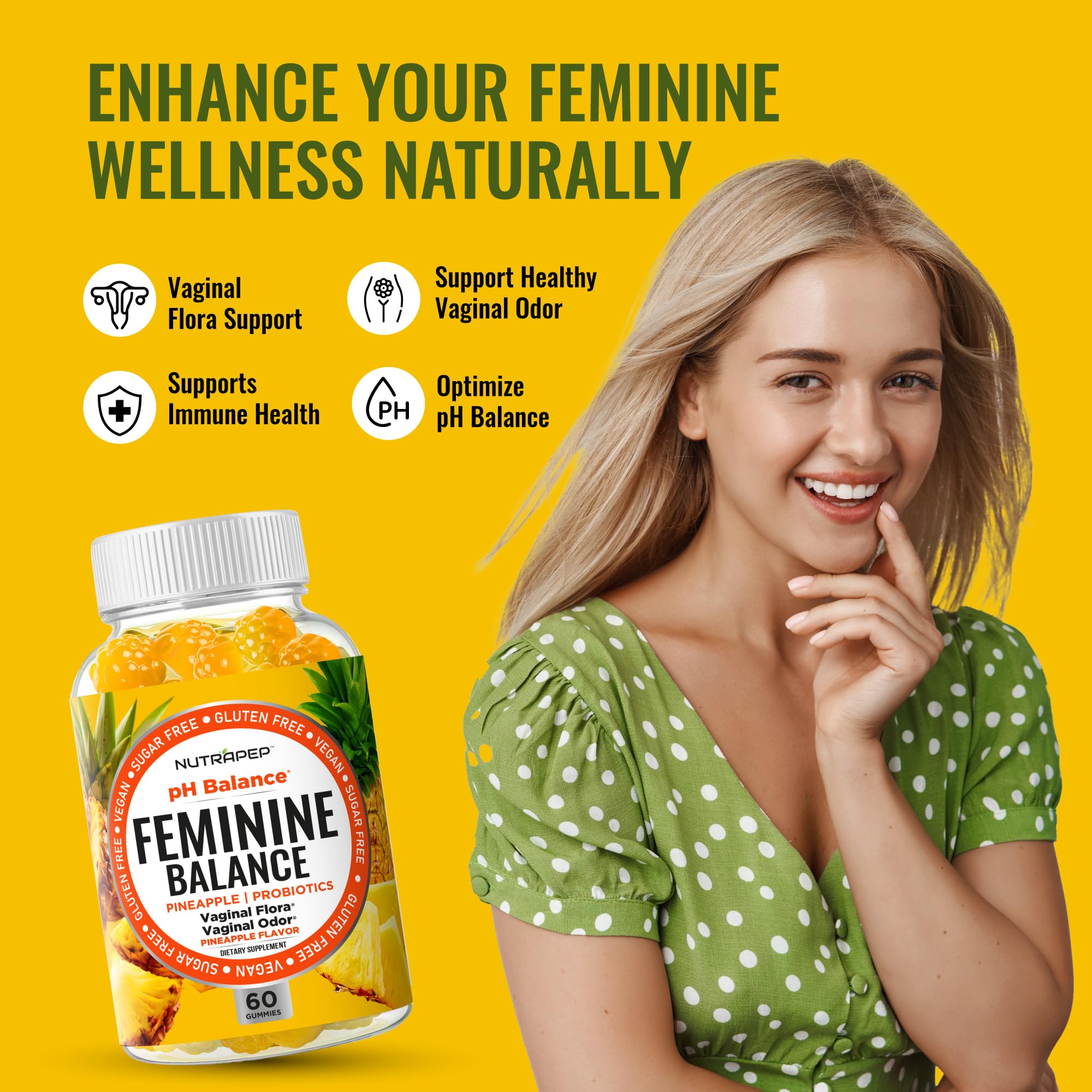 NutraPep Feminine Balance gummies on a tray highlighting pineapple flavor