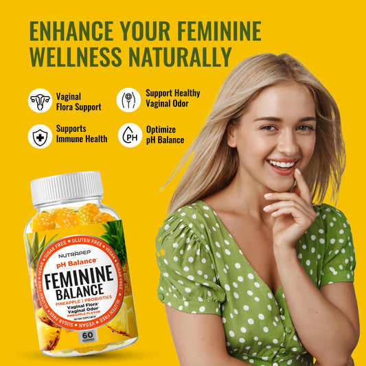 NutraPep Feminine Balance gummies on a tray highlighting pineapple flavor