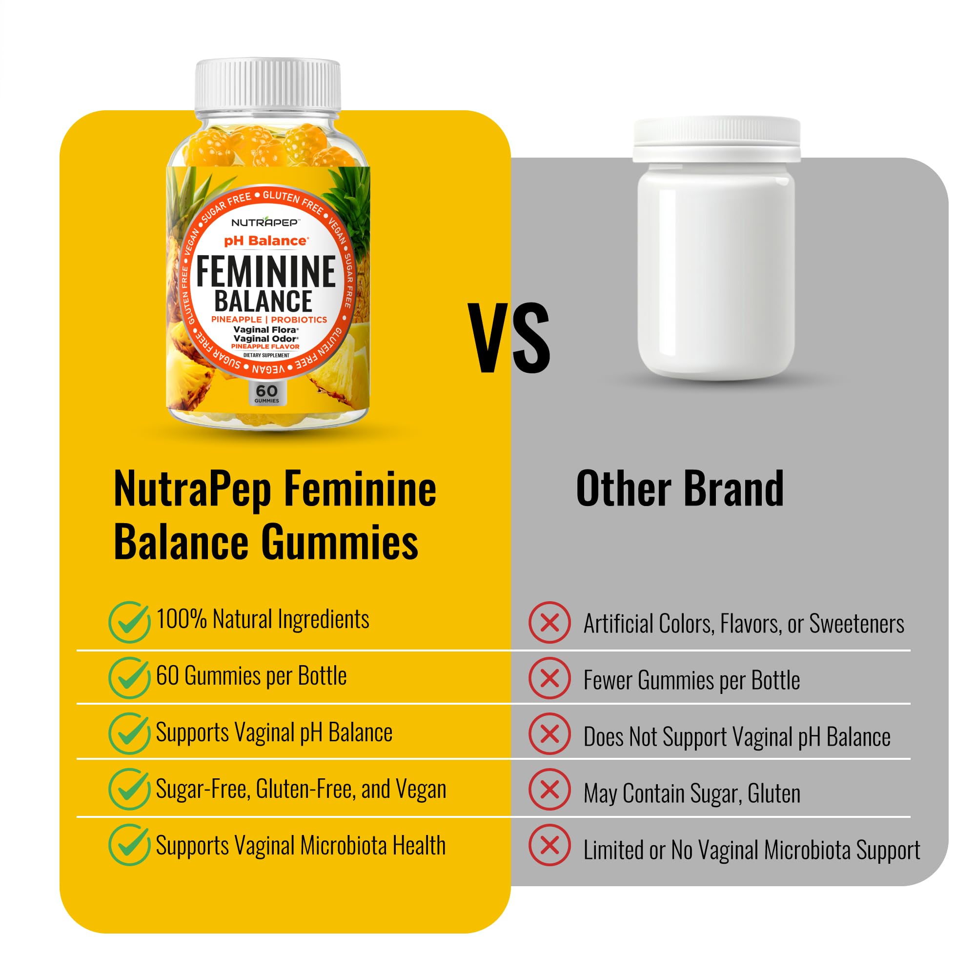 NutraPep Feminine Balance packaging emphasizes vegan, gluten-free, and sugar-free benefits