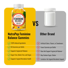 NutraPep Feminine Balance packaging emphasizes vegan, gluten-free, and sugar-free benefits