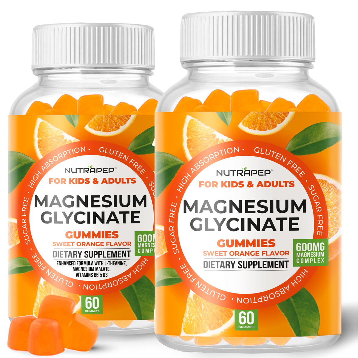 NutraPep Magnesium Glycinate Gummies bottle highlights gluten-free, vegan daily supplement.