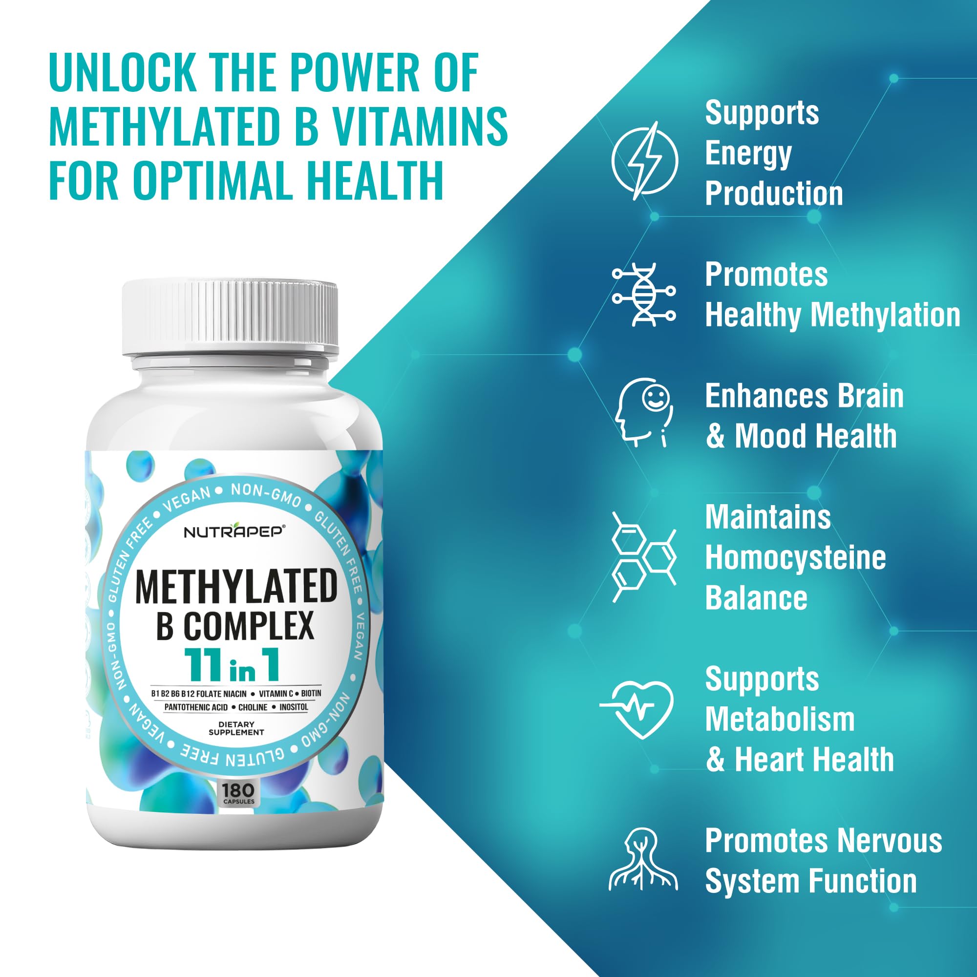 NutraPep Methylated B Complex 5-MTHF B9 focus detail signals MTHFR-friendly nutrition