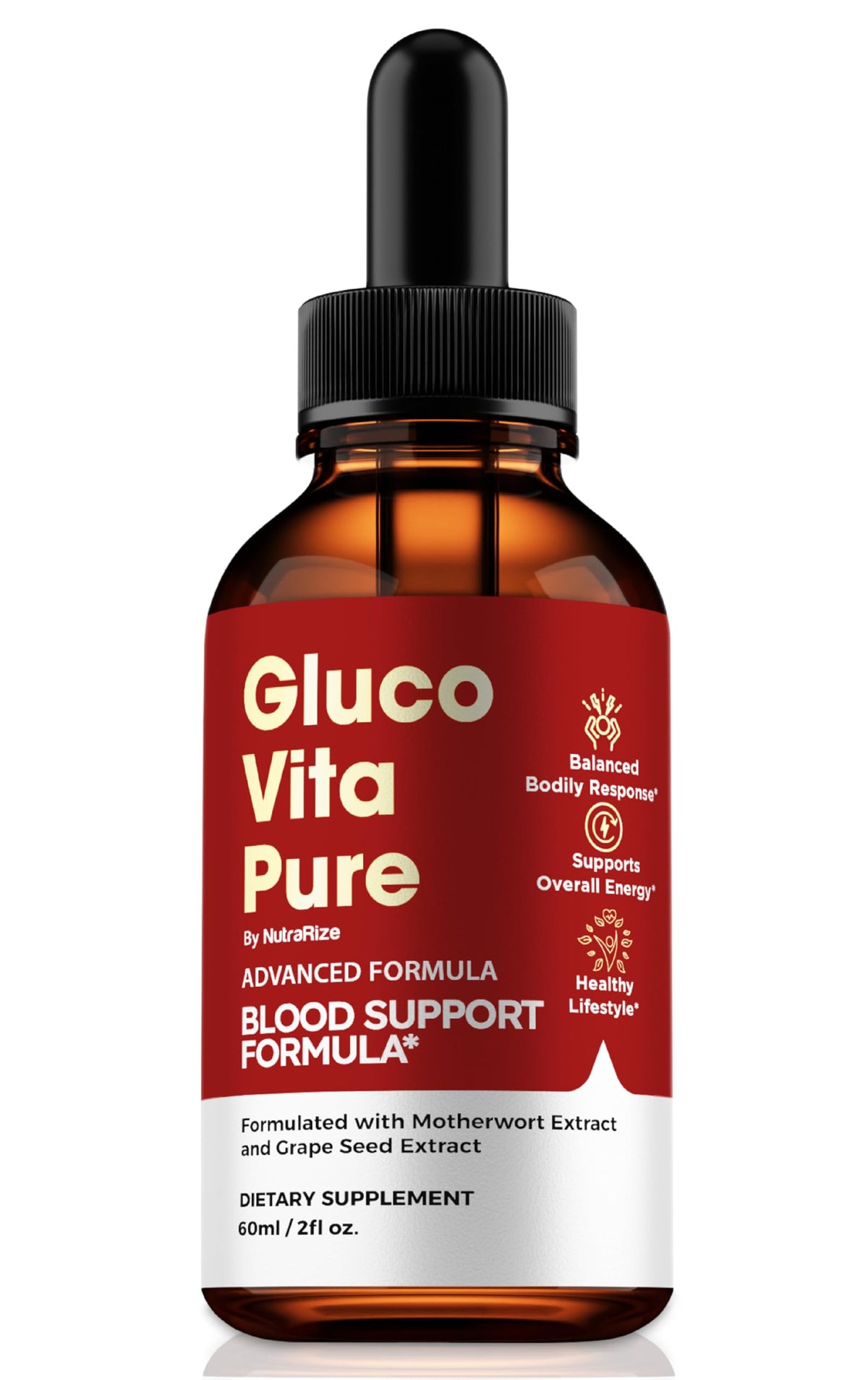 NutraRize GlucoVita Pure bottle shows all-natural drops for potential circulation support.