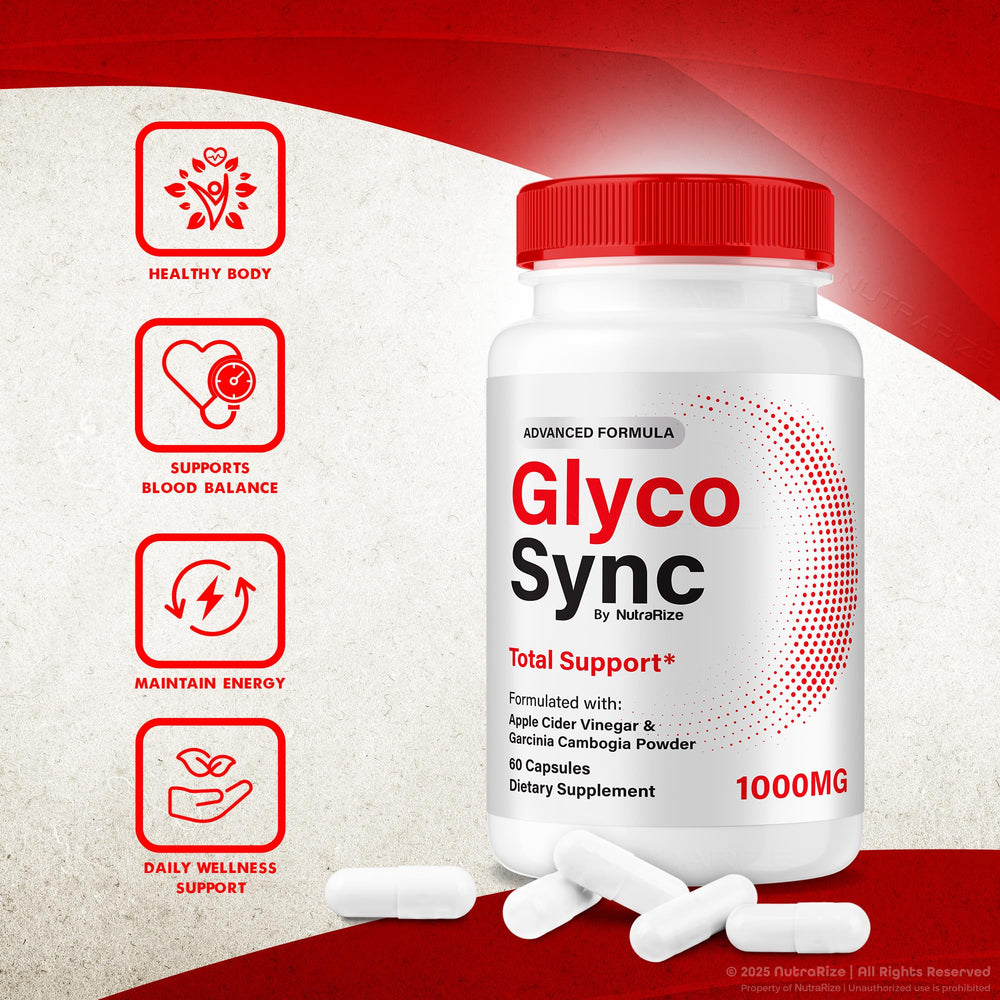 NutraRize Glyco Sync capsules paired with a healthy lifestyle image.