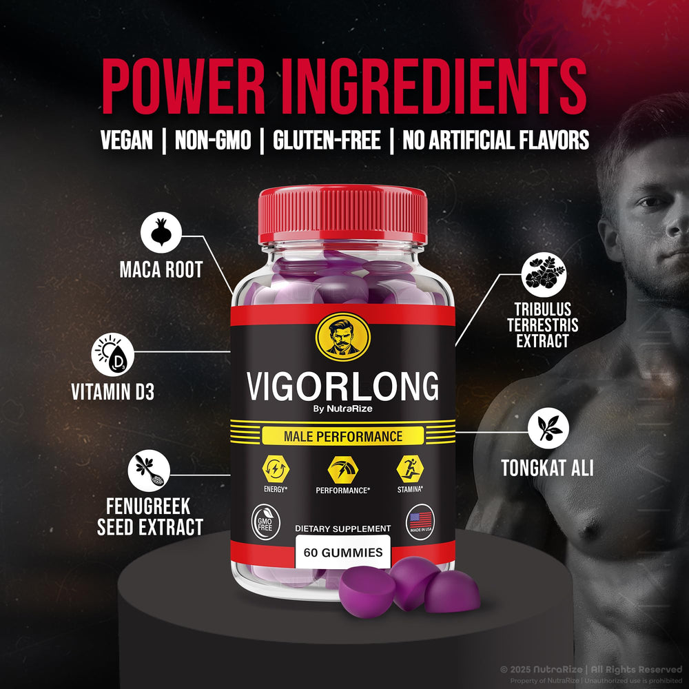 NutraRize VigorLong gummies being poured for easy daily use