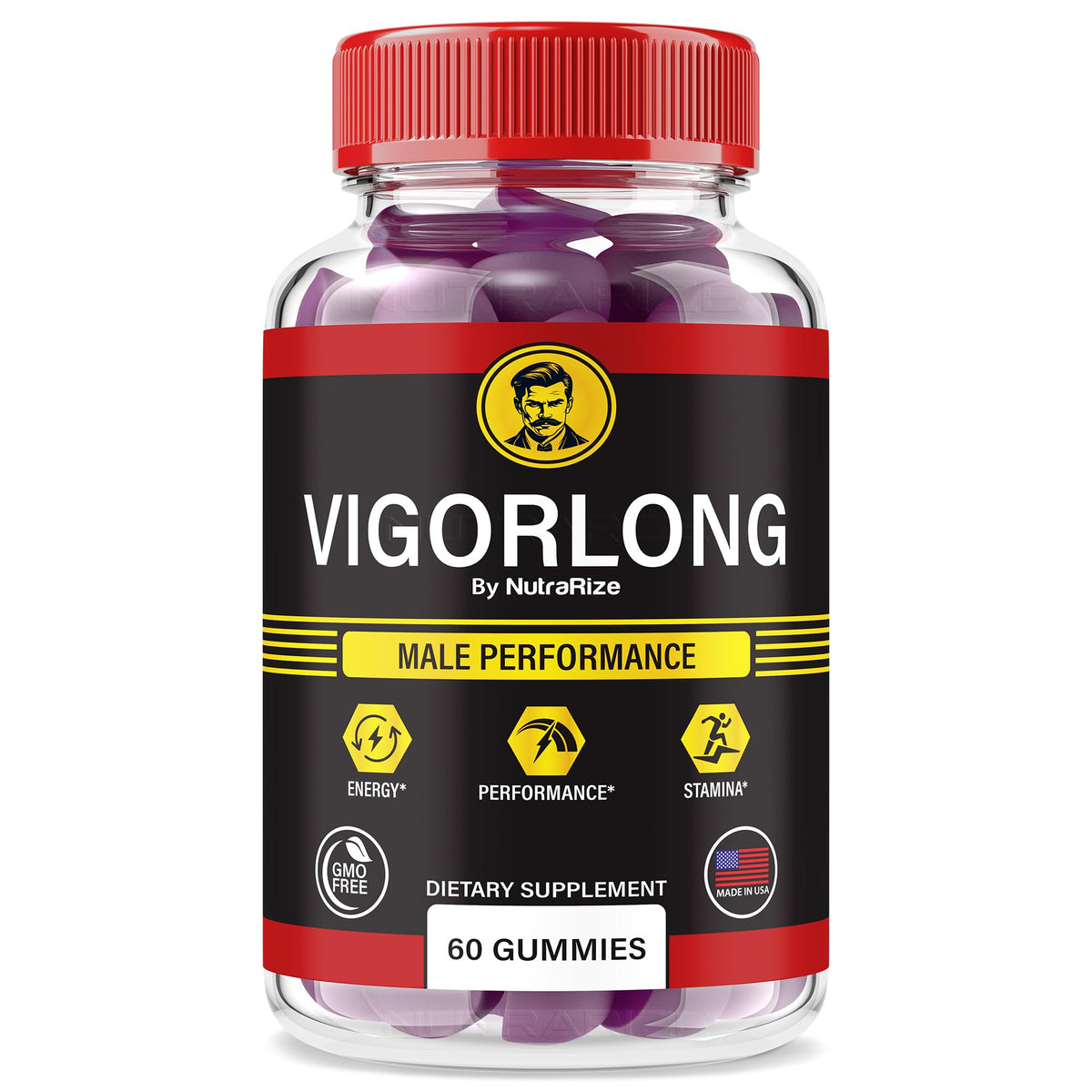 NutraRize VigorLong gummies bottle front showing daily energy support