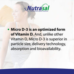 Nutrasal Micro D3 Drops dose cap illustrates 2,000,000 IU concentrate per bottle.