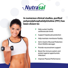 Nutrasal PhosChol bottle on wooden table highlighting premium formulation.