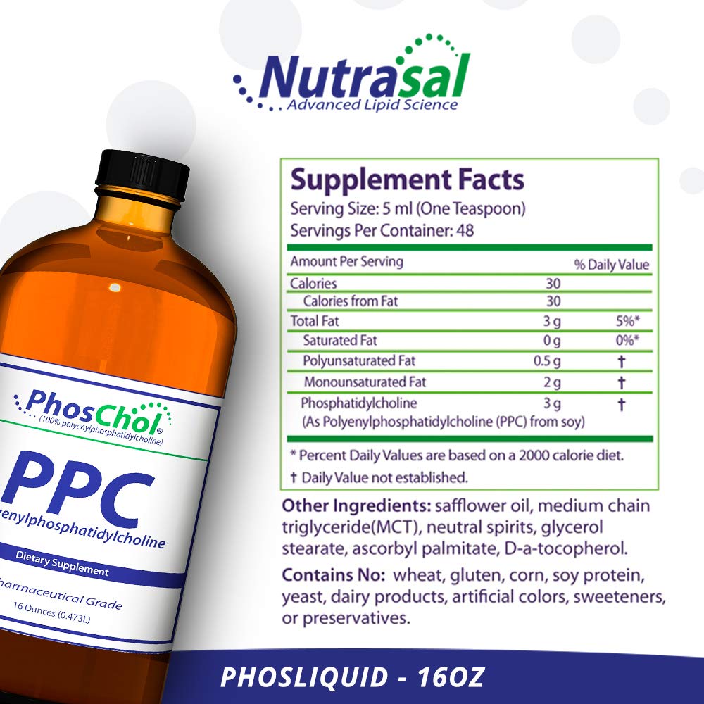 Nutrasal PhosChol liquid being poured into a glass for easy daily dosing.