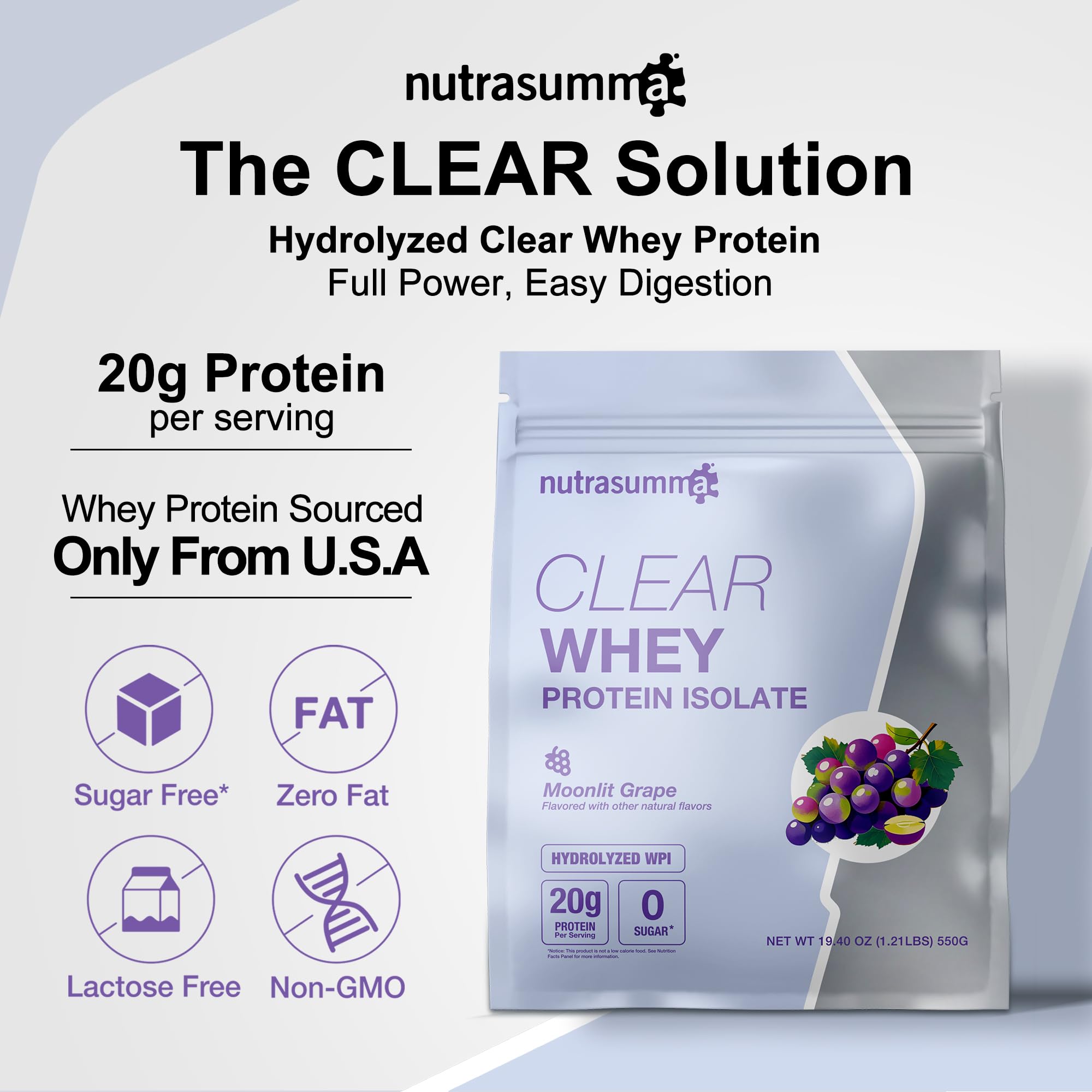 Nutrasumma Clear Whey glass-serve — crisp, chalk-free fruity shake.