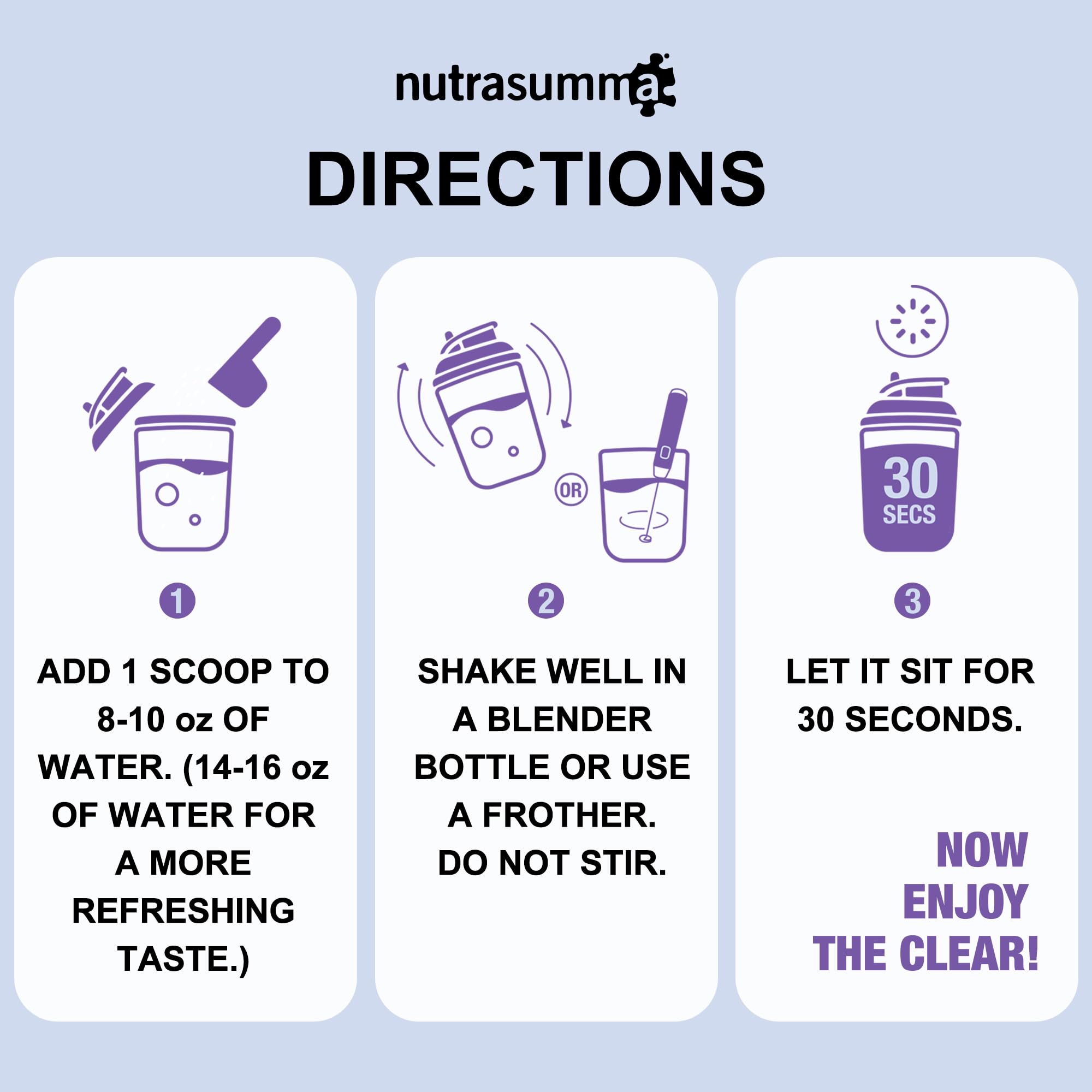 Nutrasumma Clear Whey label-detail — 20 g protein per serving, 90 calories.