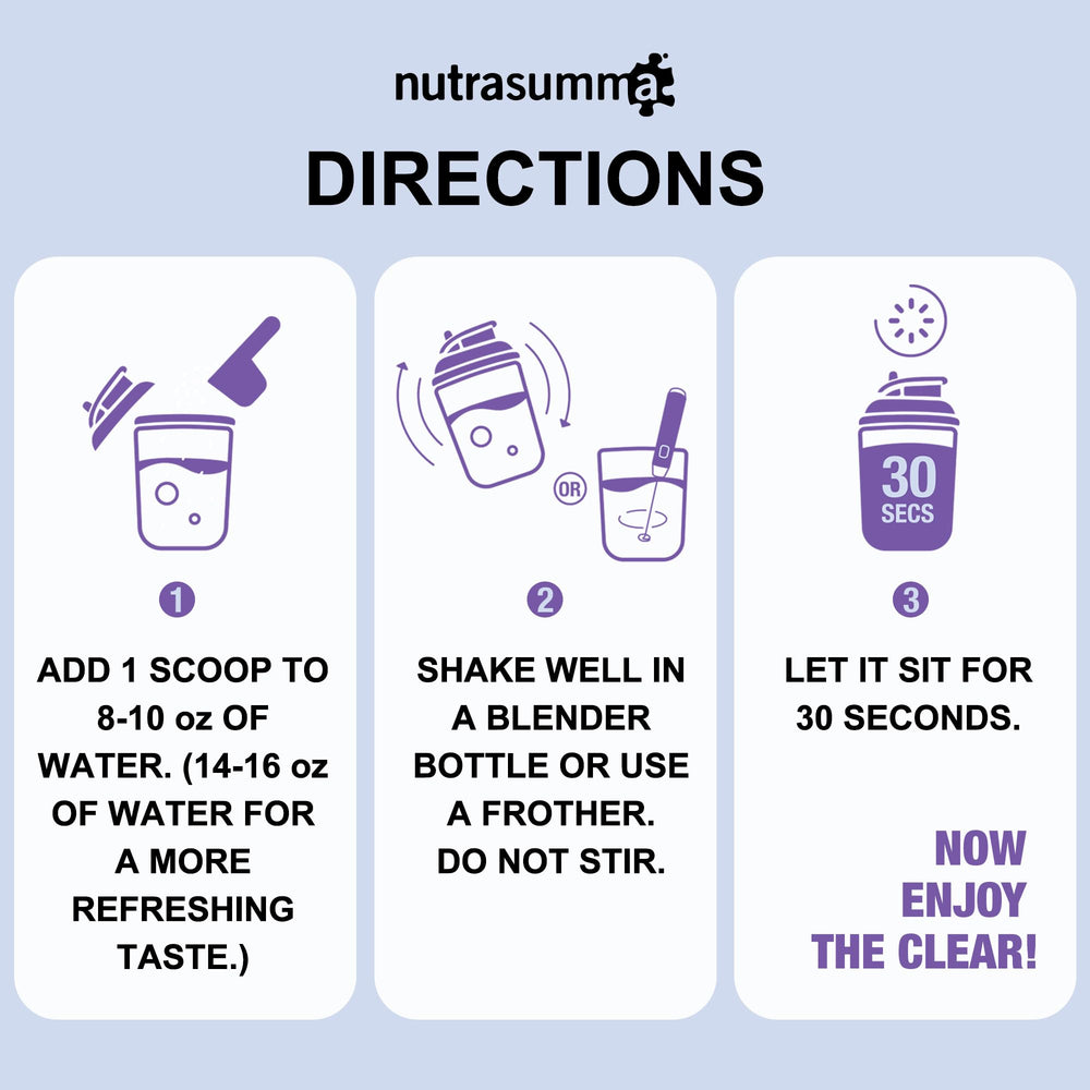 Nutrasumma Clear Whey label-detail — 20 g protein per serving, 90 calories.