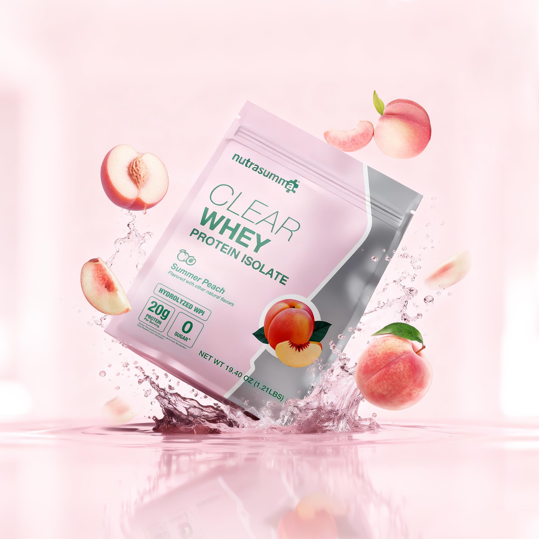 Nutrasumma Clear Whey Peach quick-mix image showing fast-dissolving formula