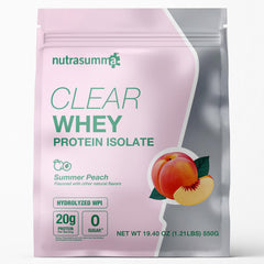 Nutrasumma Clear Whey Peach shake in a glass, crisp and refreshing protein