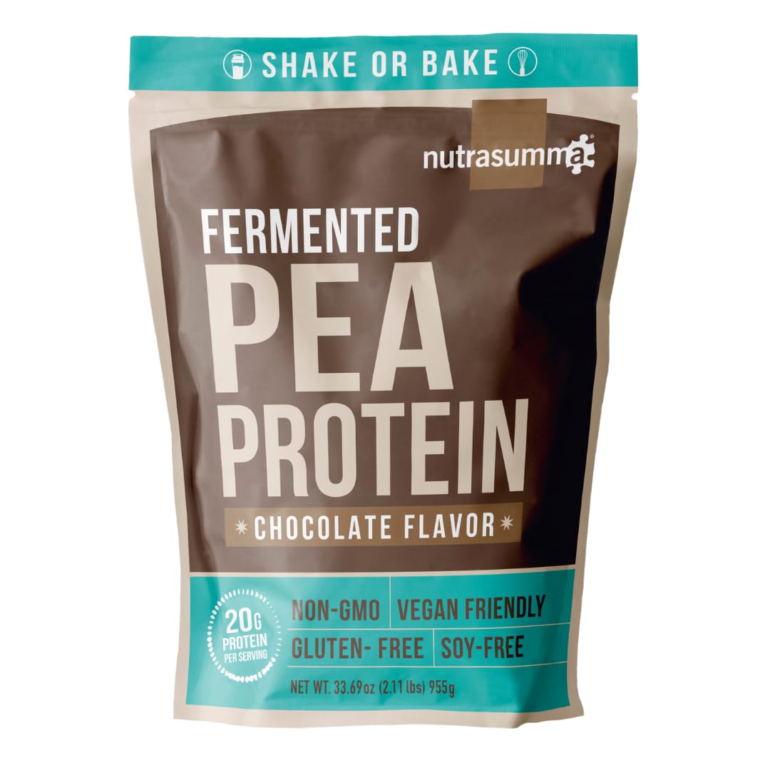 Nutrasumma chocolate pea protein powder tub highlighting dairy-free formula for vegan diets