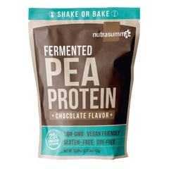 Nutrasumma chocolate pea protein powder tub highlighting dairy-free formula for vegan diets