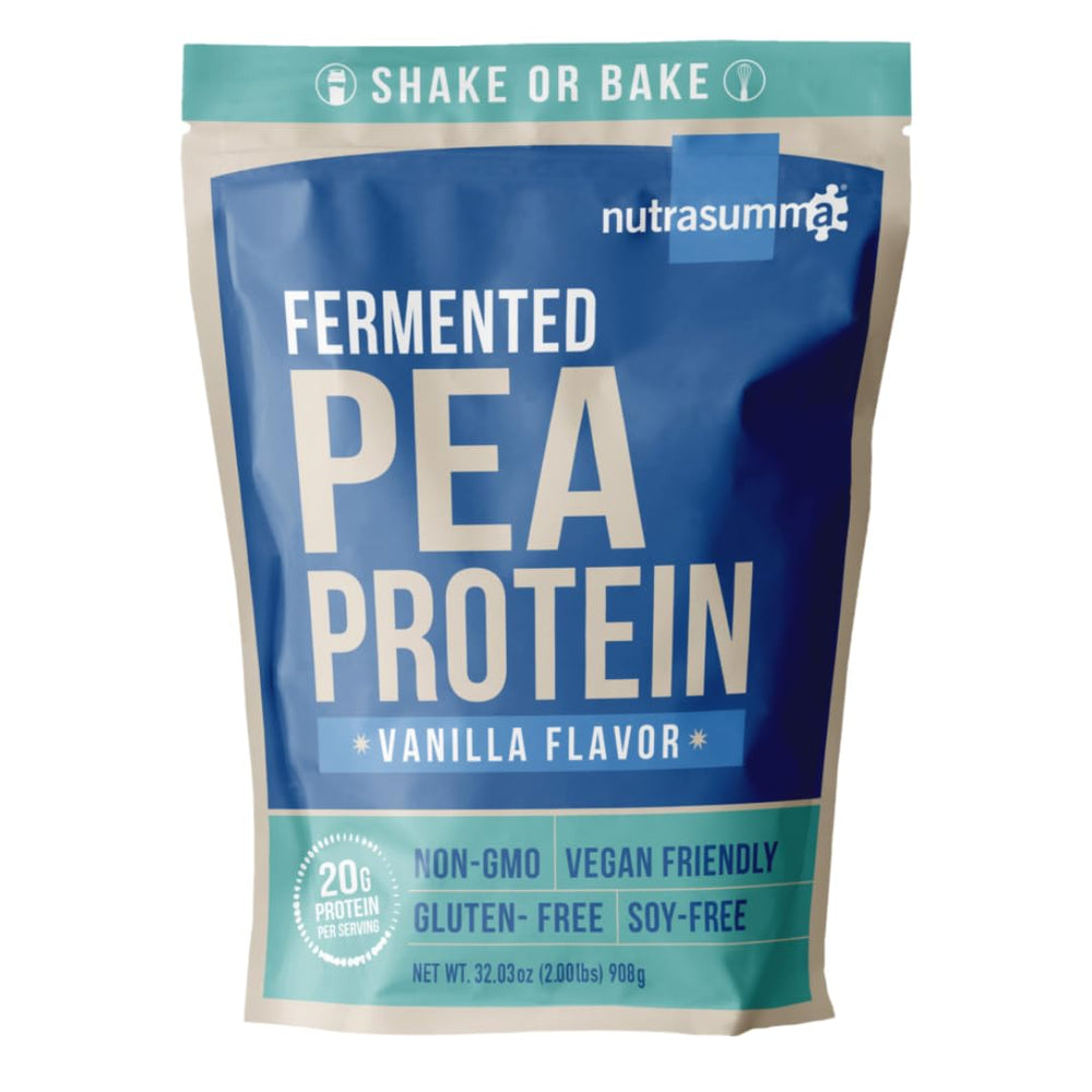 Nutrasumma pea protein vanilla tub shows smooth texture for easy mixing and plant-based nutrition.