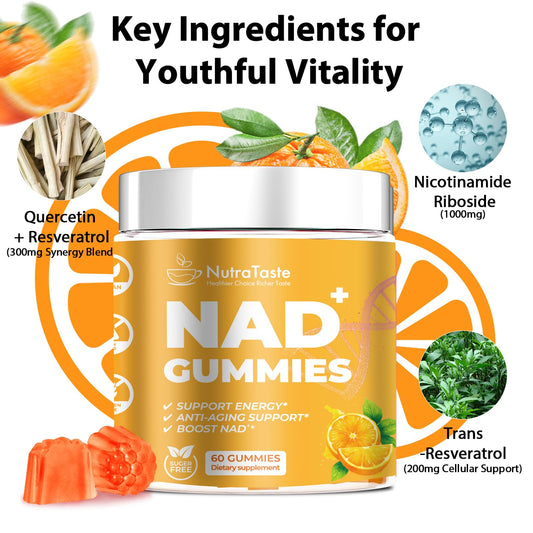 NUTRATASTE NAD⁺ Gummies close-up of orange chews with bright flavor.