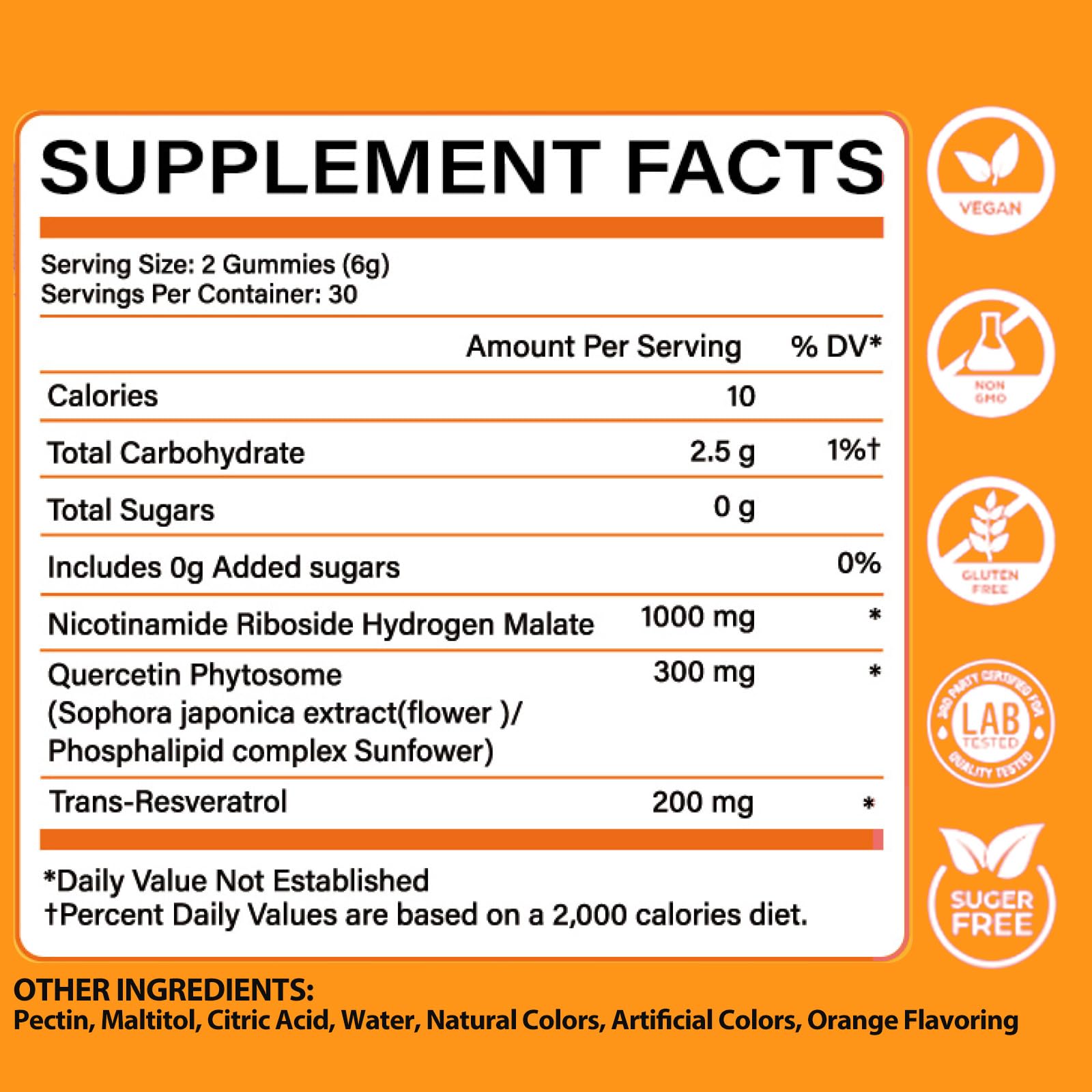 NUTRATASTE NAD⁺ Gummies showing orange flavor and vegan ingredients.