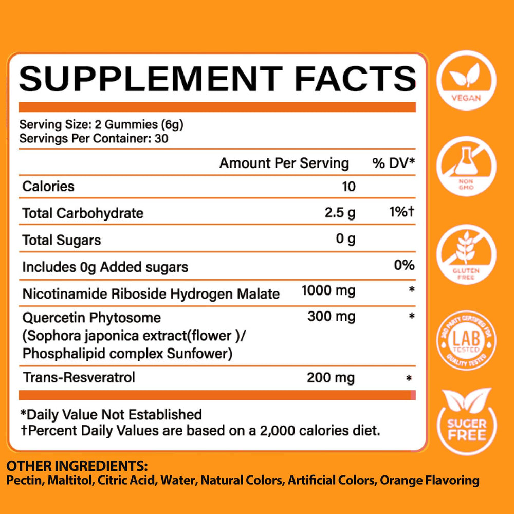 NUTRATASTE NAD⁺ Gummies showing orange flavor and vegan ingredients.