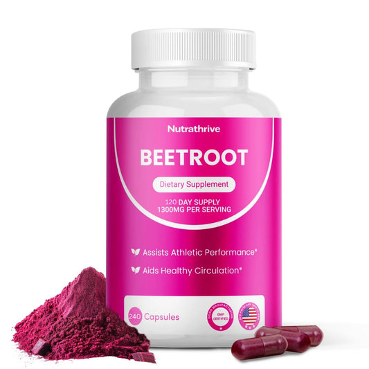 Nutrathrive beetroot capsules bottle on shelf signaling easy, on-the-go wellness.