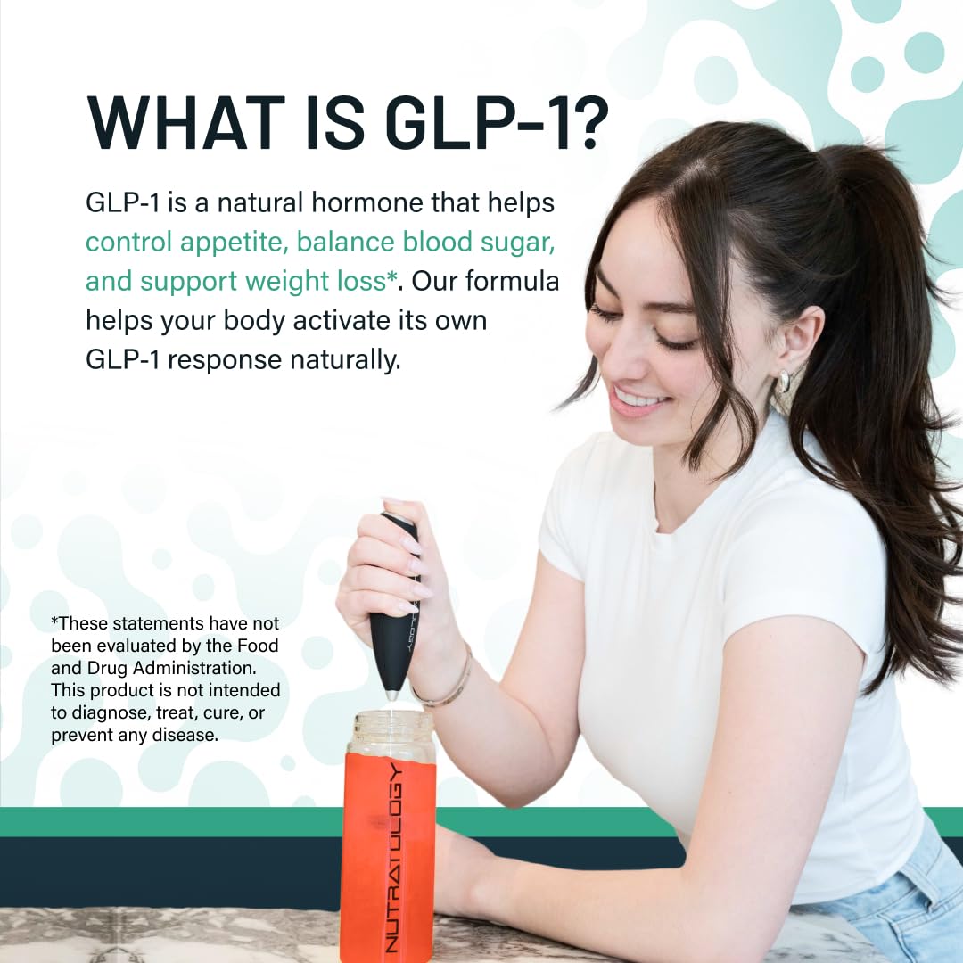 Nutratology GLP-1 Booster glass with straw illustrates mixability