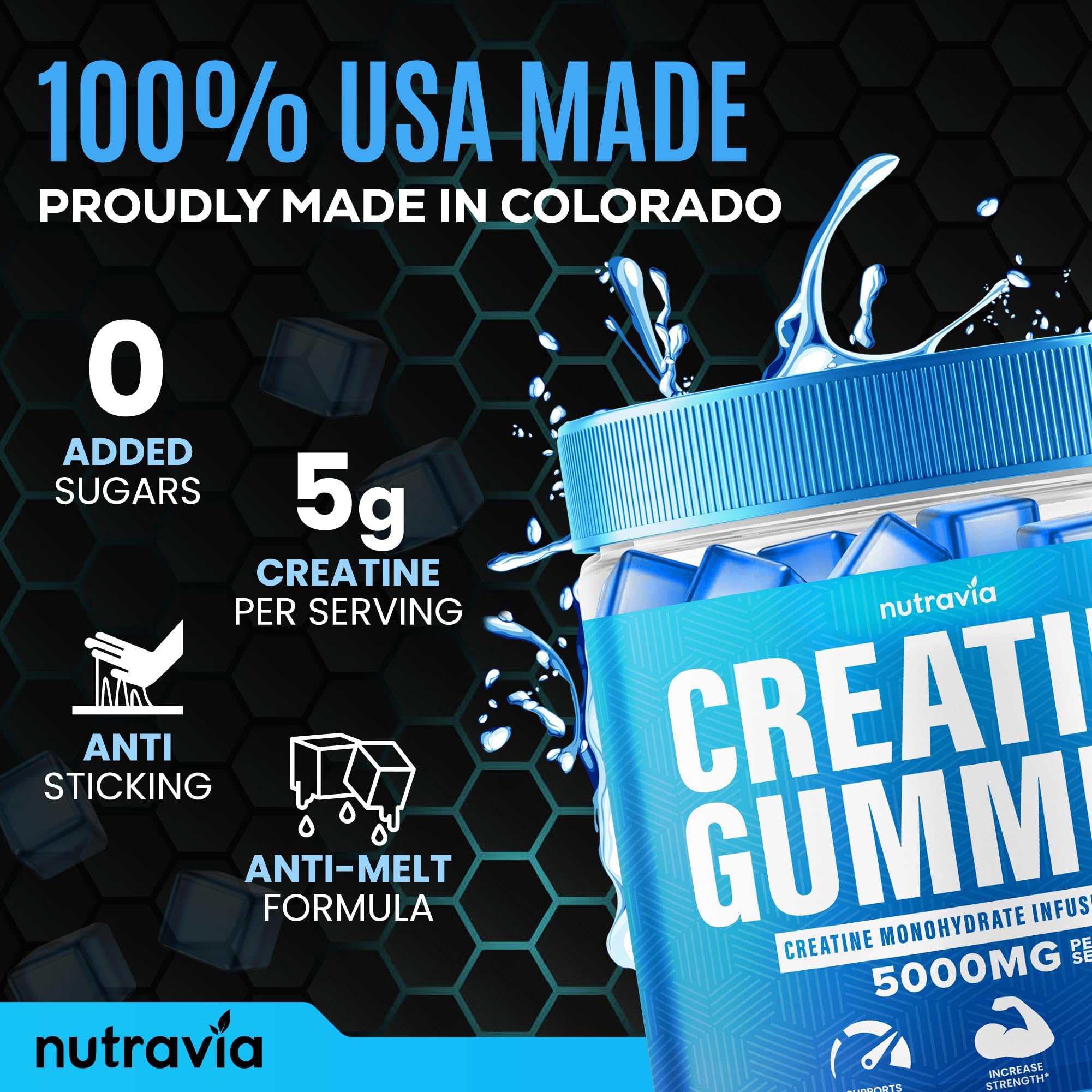 Nutravia Creatine Gummies label shows 5g per serving.