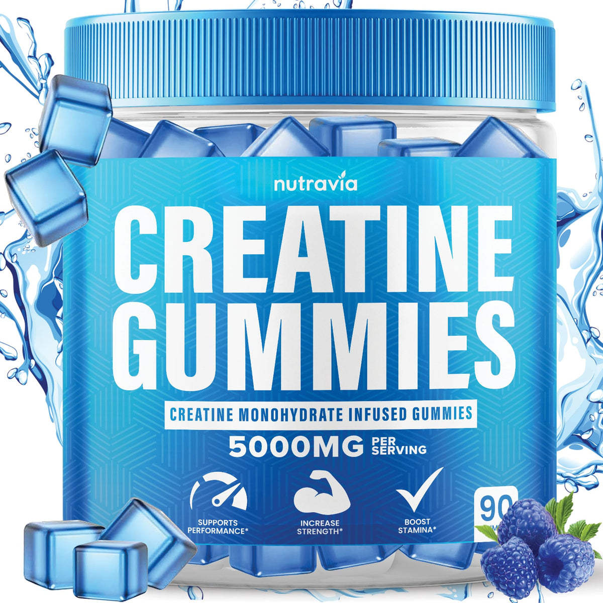 Nutravia Creatine Gummies bottle front, vegan formula highlighted.
