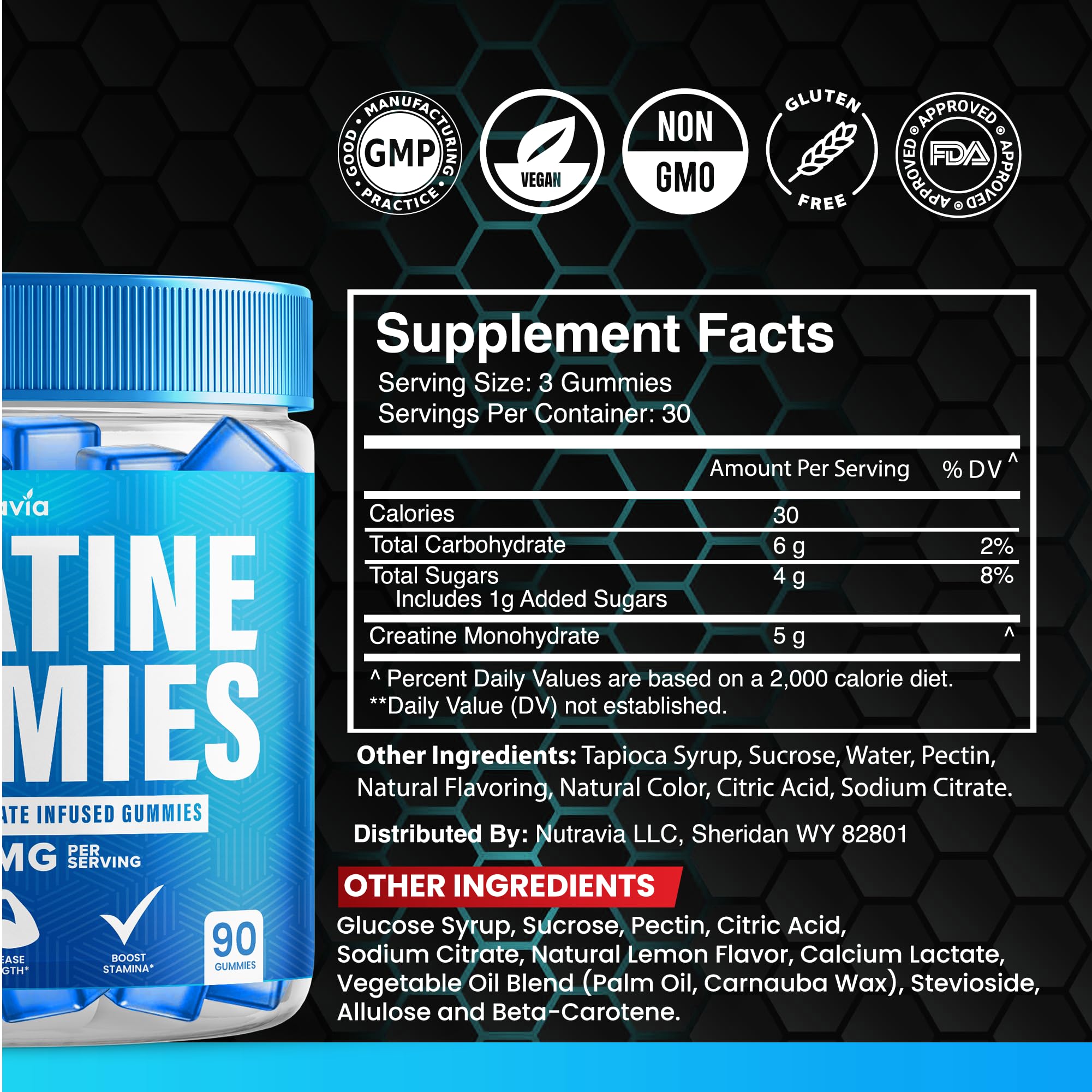 Nutravia Creatine Gummies close-up, smooth texture and no chalk.