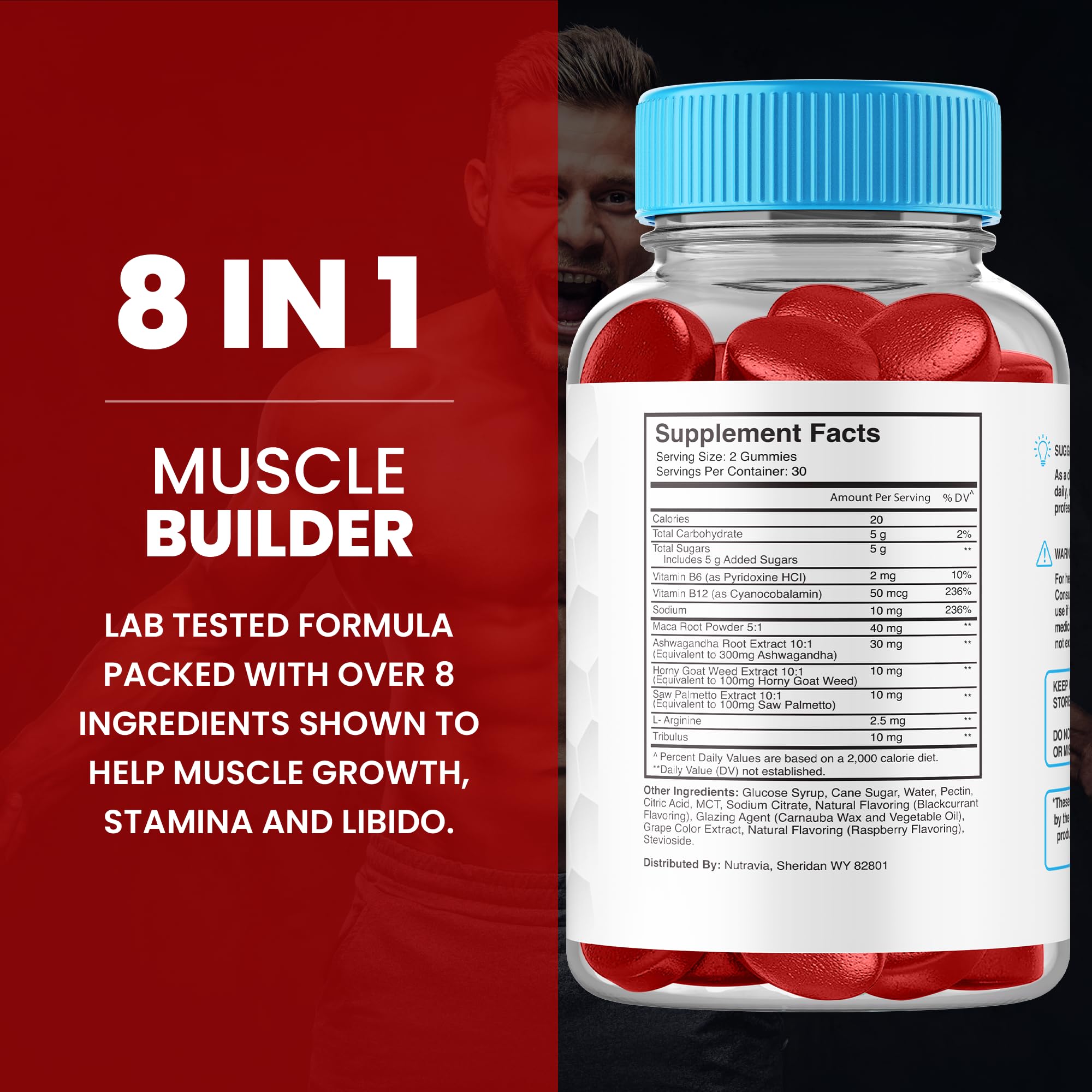 Nutravia gummies ingredient scene featuring Tribulus Maca Horny Goat Weed