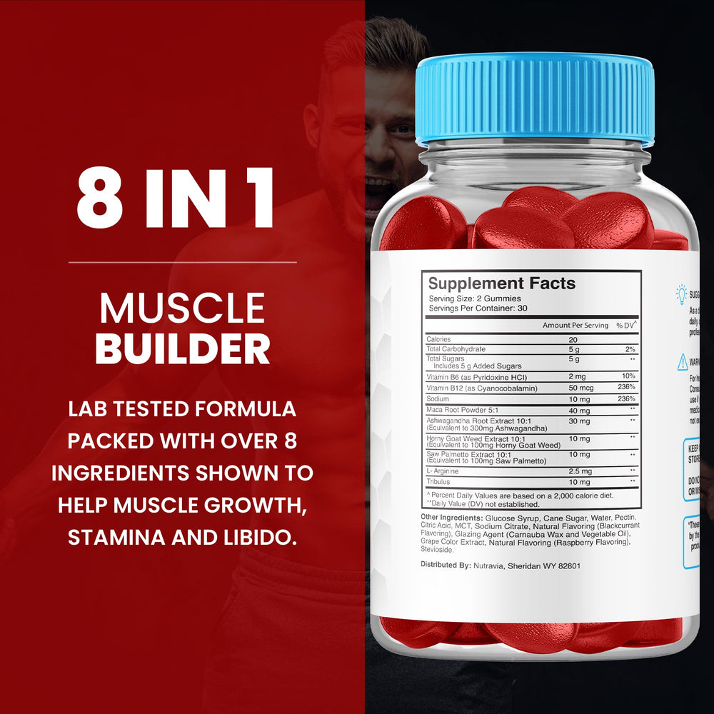 Nutravia gummies ingredient scene featuring Tribulus Maca Horny Goat Weed