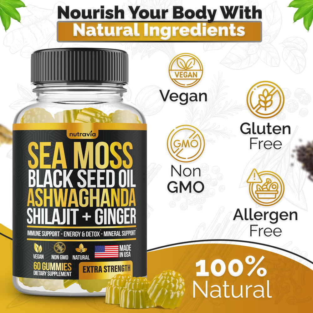 Nutravia Sea Moss Gummies closeup shows key ingredients for vitality